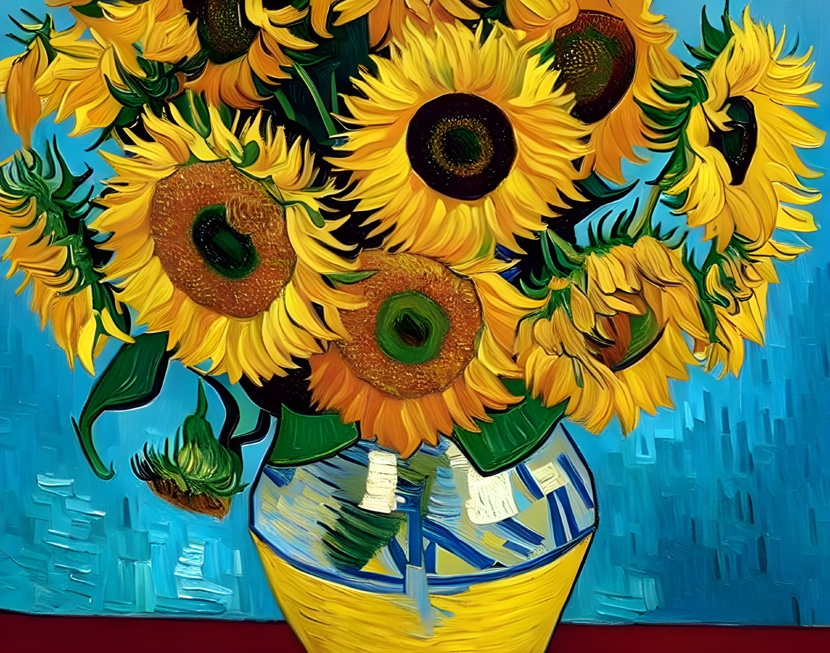 Bright sunflower bouquet in striped vase on blue background