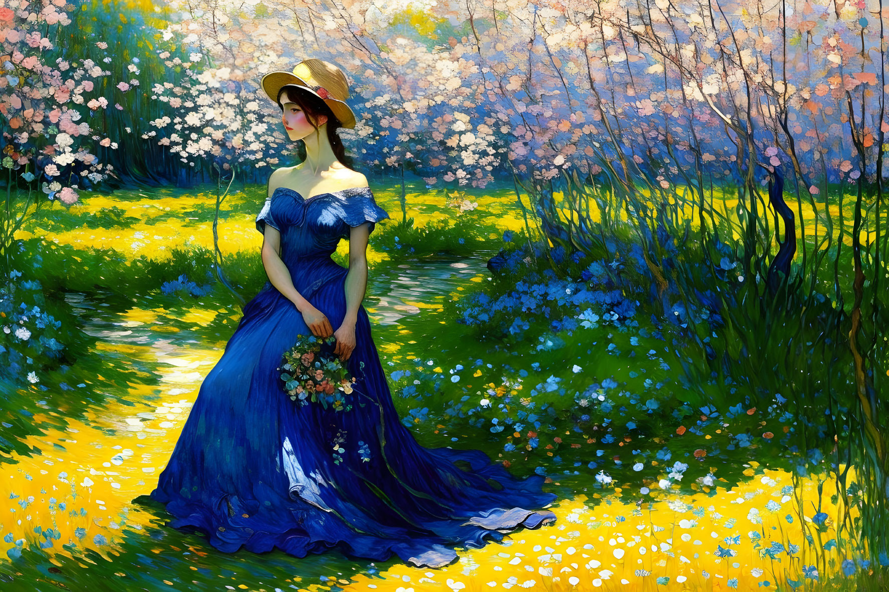 Woman in Blue Dress and Straw Hat in Vibrant Garden