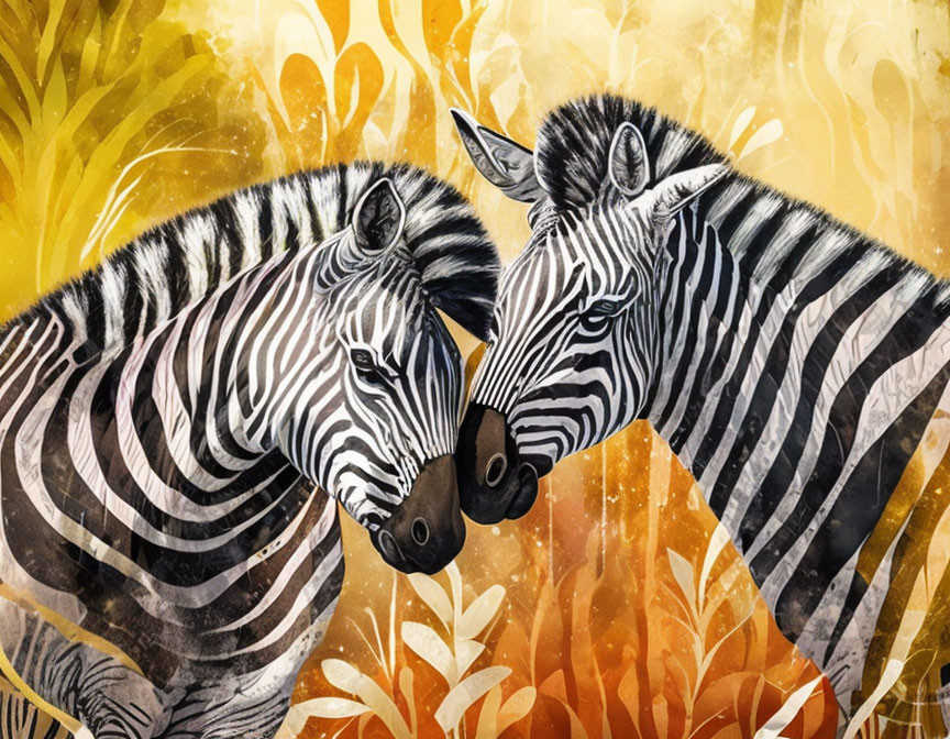 Zebras in Intimate Pose on Warm Leaf Pattern Background