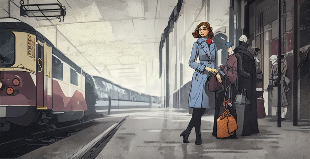 Illustration of woman in trench coat on train platform