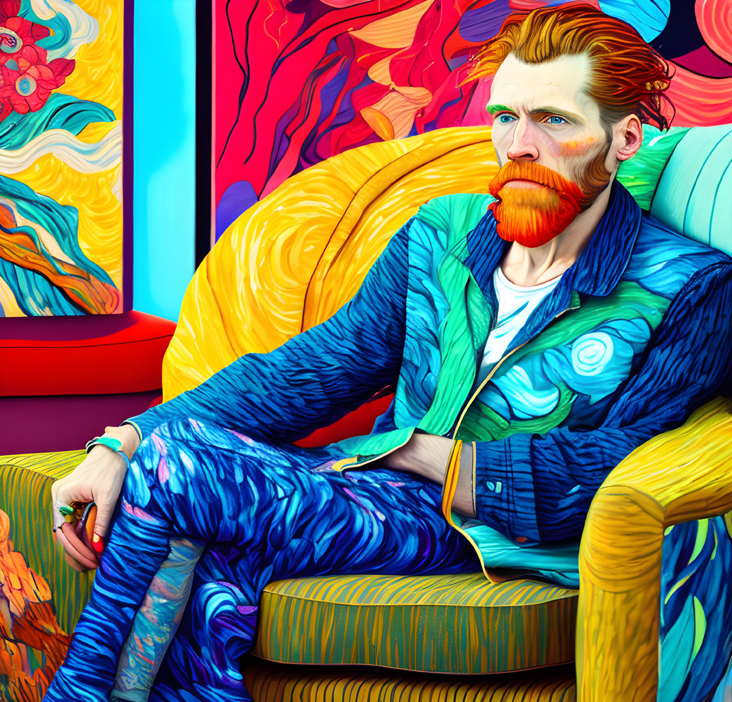 Colorful digital artwork: Stylized man with red beard in Van Gogh-inspired suit seated on