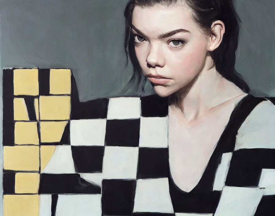 Portrait of person with short hair in checkered top holding Rubik's Cube