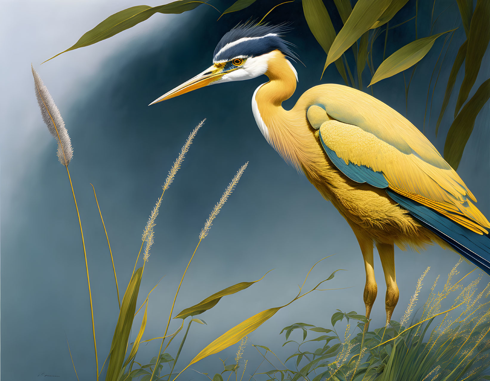 Detailed Great Blue Heron illustration in shades of blue and gold among reeds