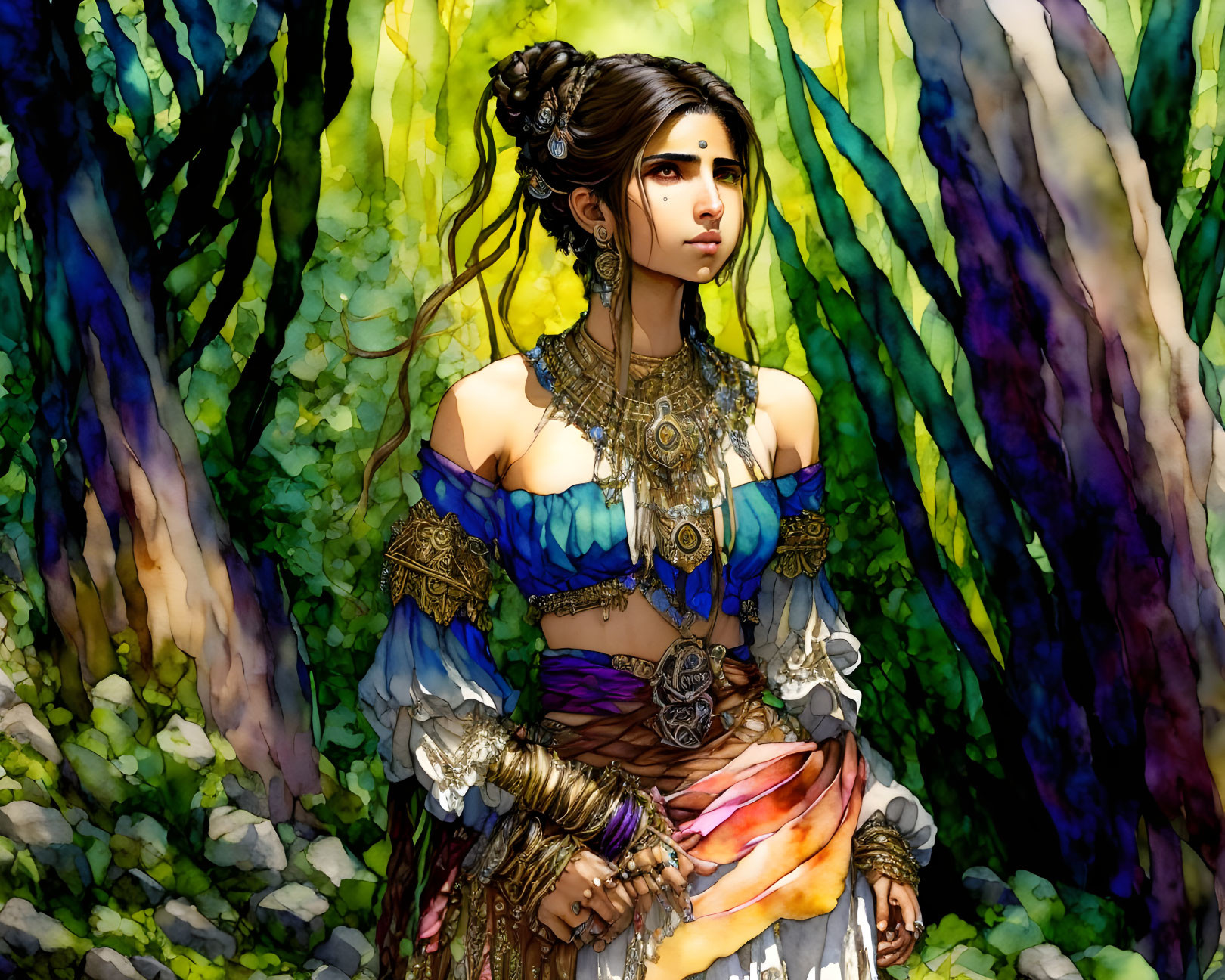 Dark-haired female character in ornate jewelry and colorful attire against vibrant background