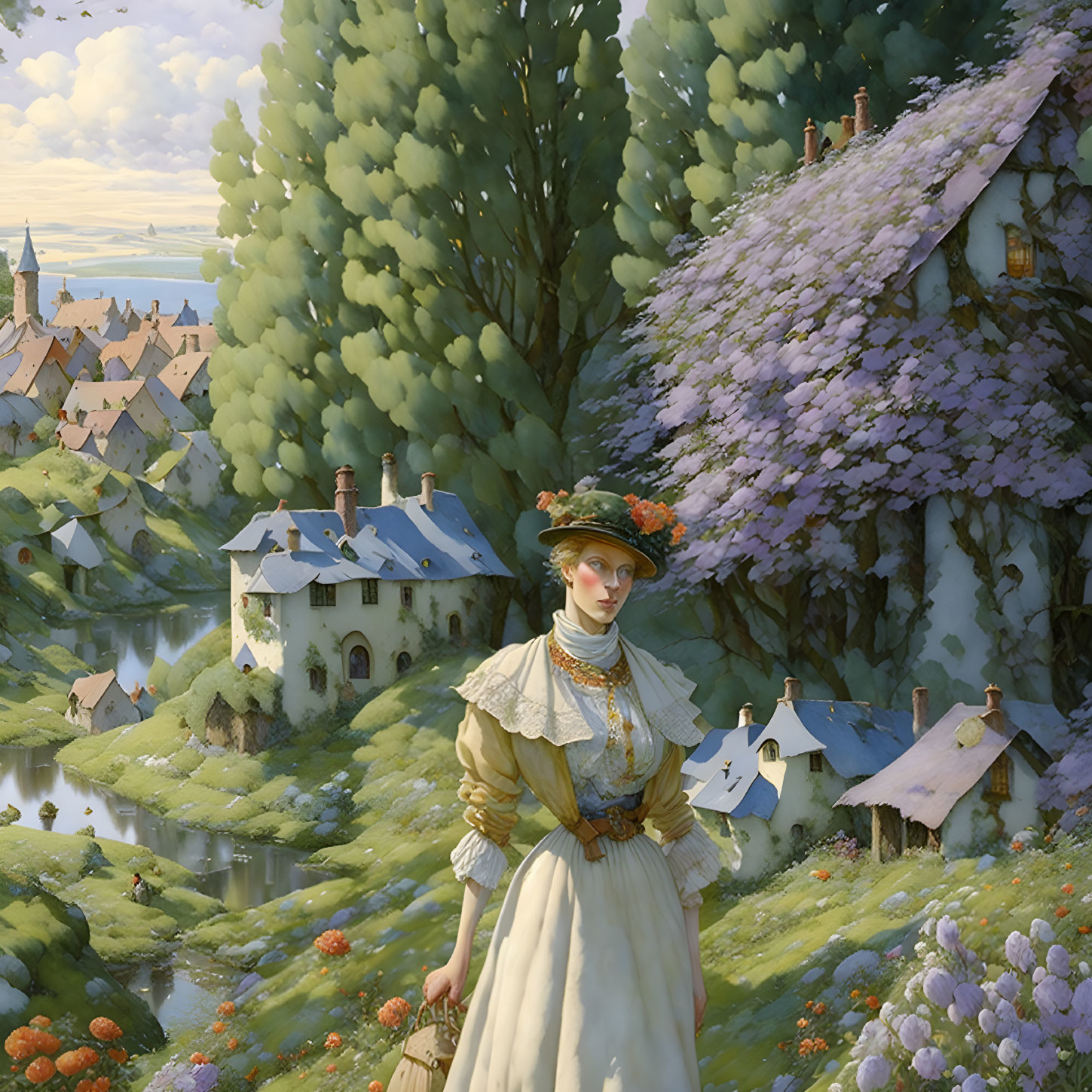 Vintage Attired Woman in Serene Village Setting