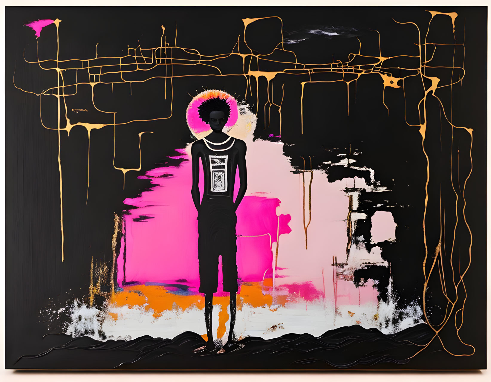 Central Human Figure in Abstract Art with Pink, Orange, and Gold Drips