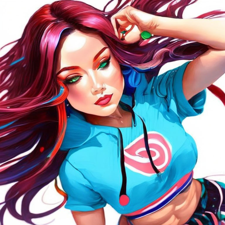 Colorful digital artwork: Woman with pink and teal hair, blue crop top, spiral design.