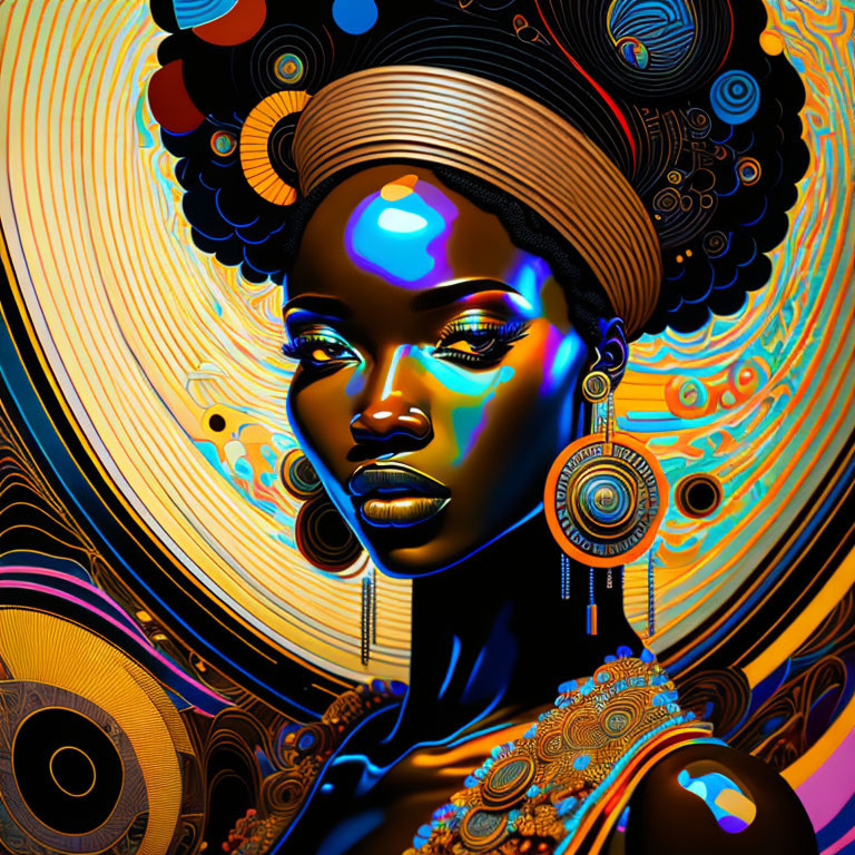 Colorful digital artwork of woman with swirling patterns in gold, blue, and orange