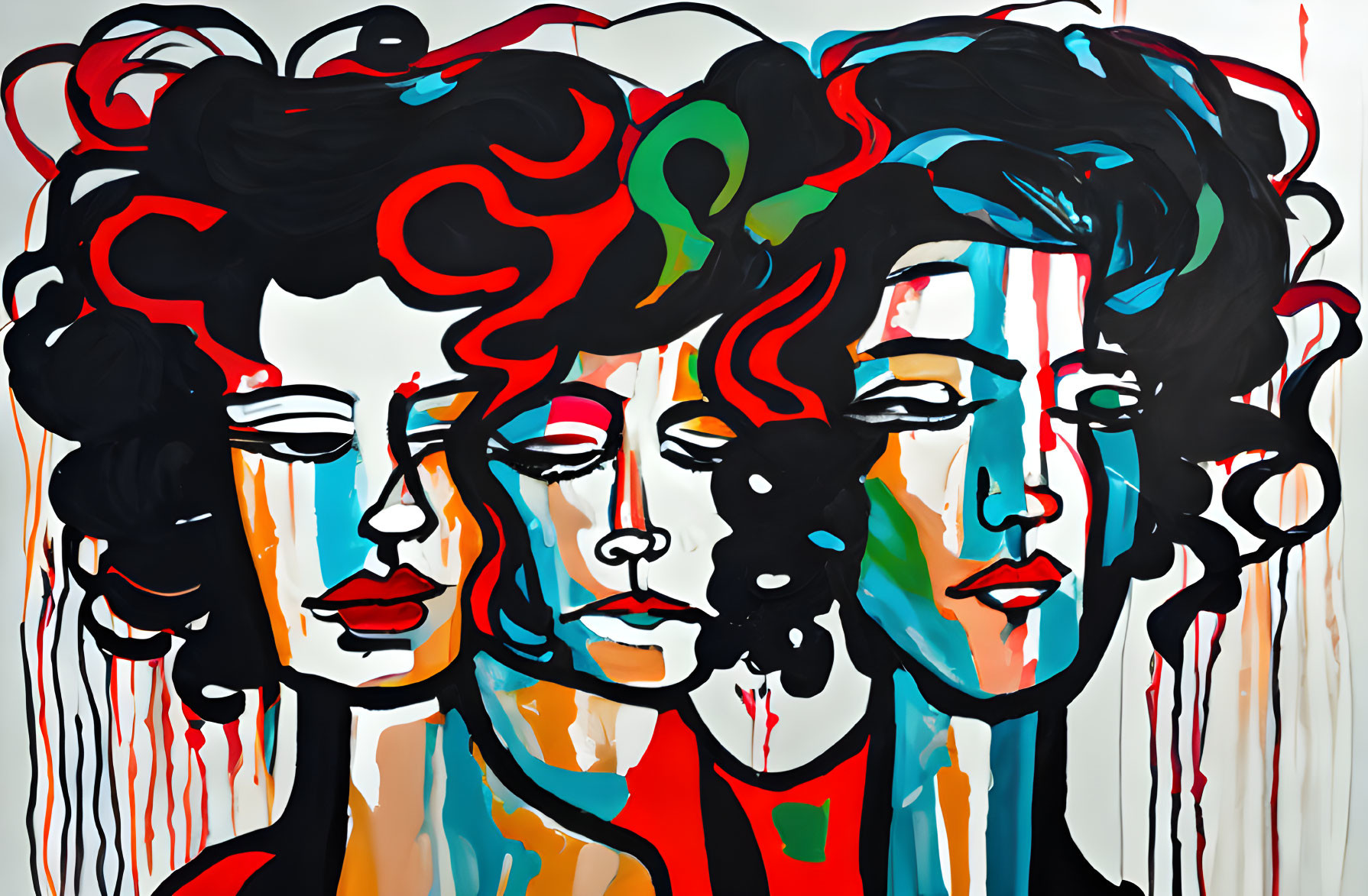 Abstract painting featuring three stylized female faces in bold black lines with red, blue, and yellow accents