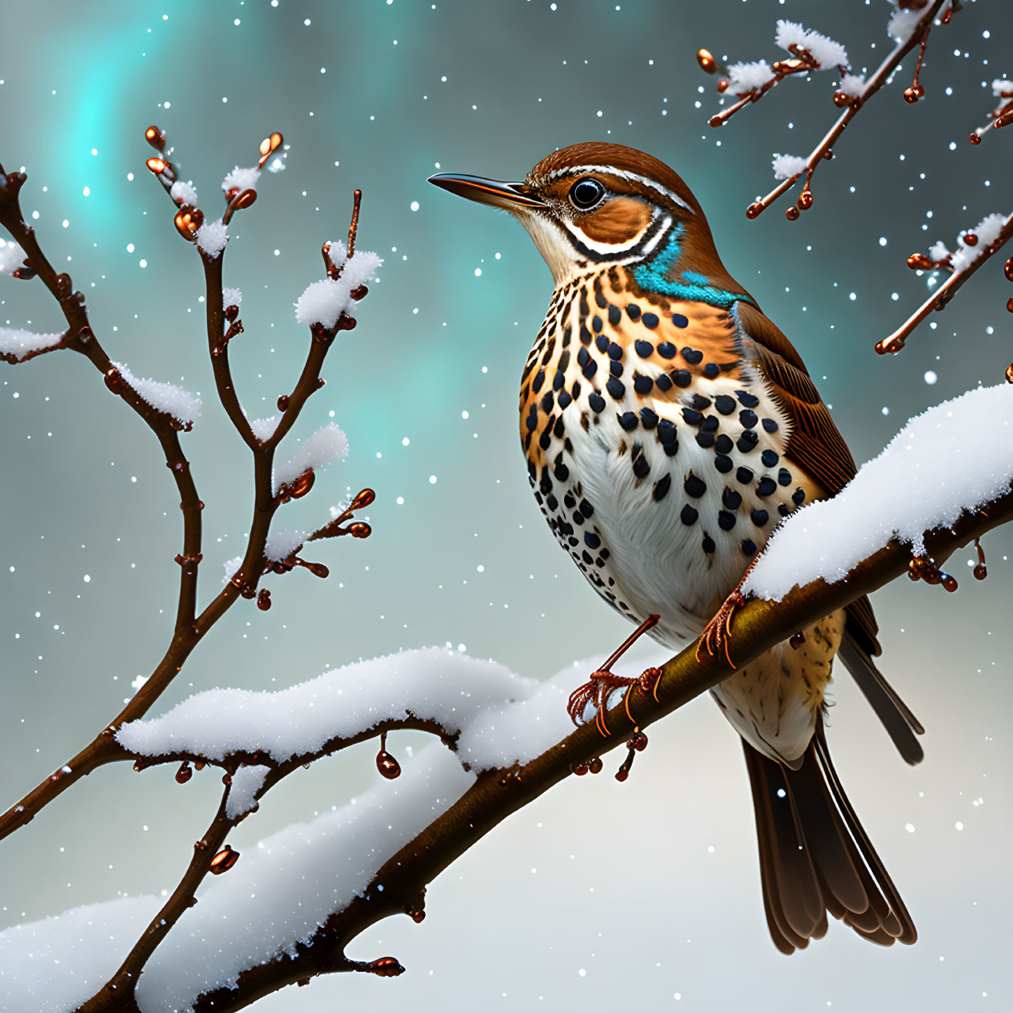 Colorful bird with spotted chest on snow-covered branch in wintry scene.