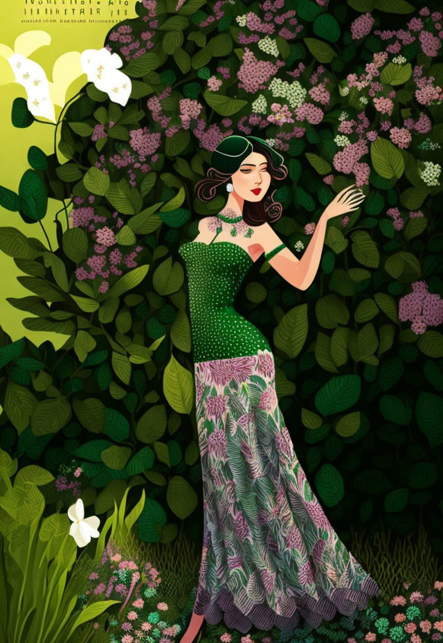 Woman in Green Floral Dress and Hat Against Lush Floral Background