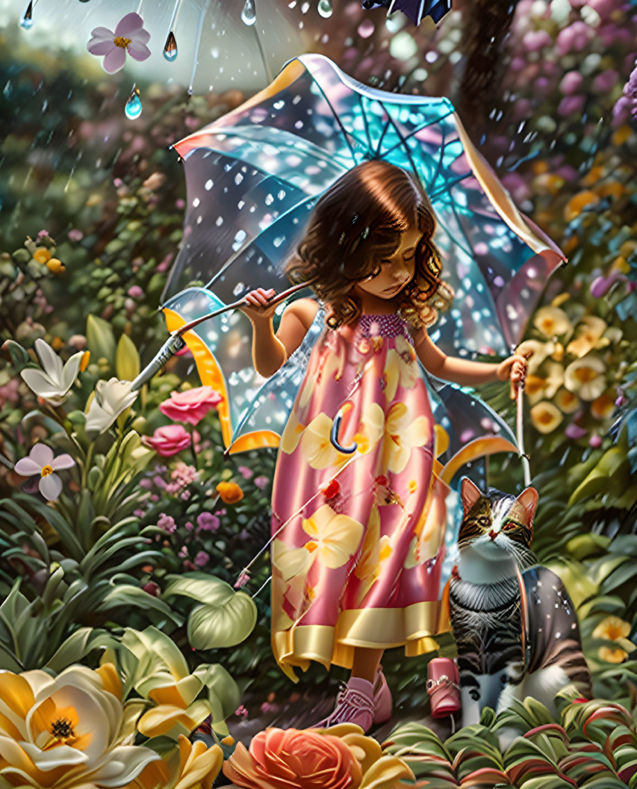 Young girl in floral dress with transparent umbrella in lush garden with tabby cat.