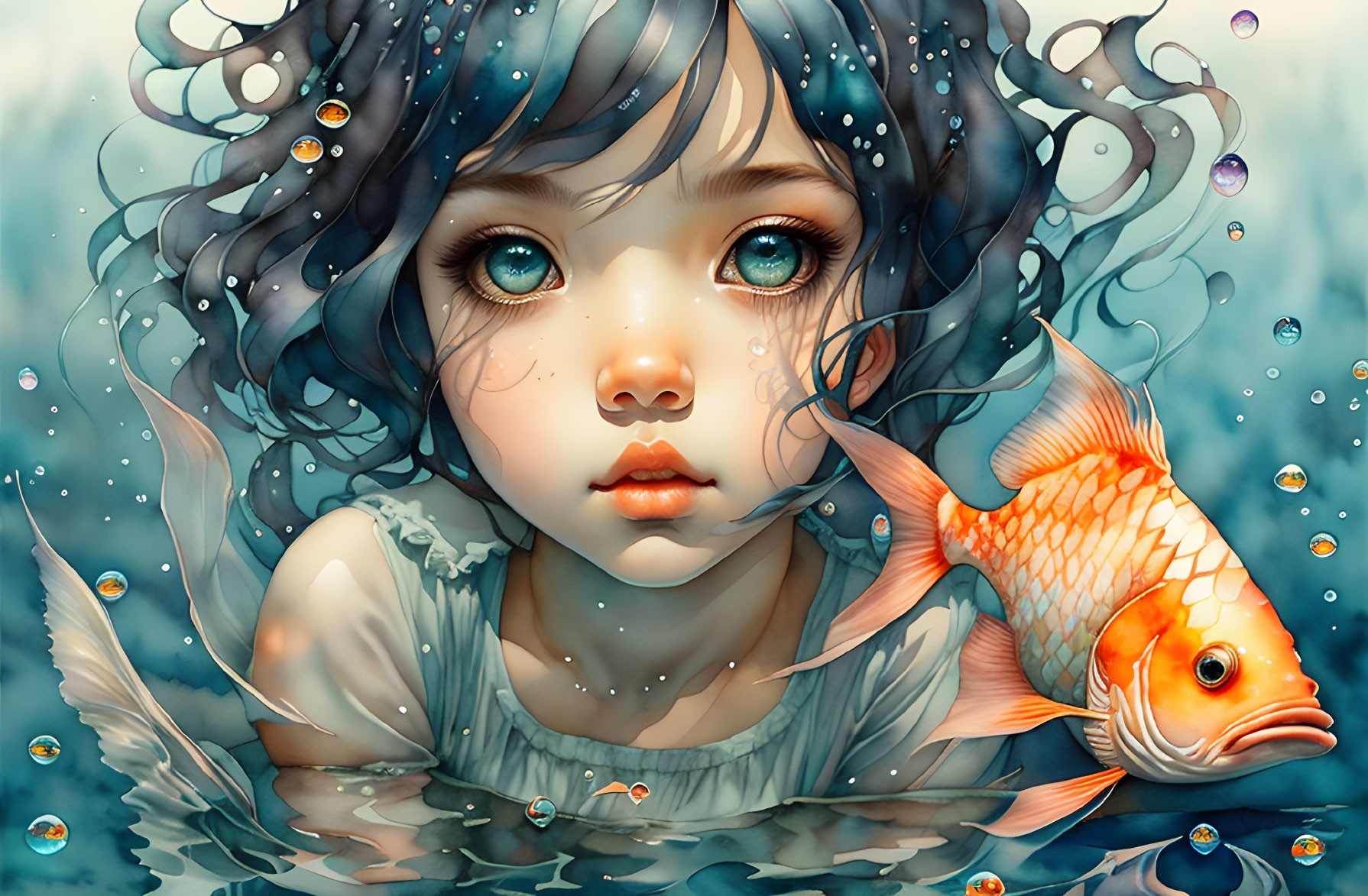 Young girl with blue eyes and wavy hair underwater with orange fish and bubbles.