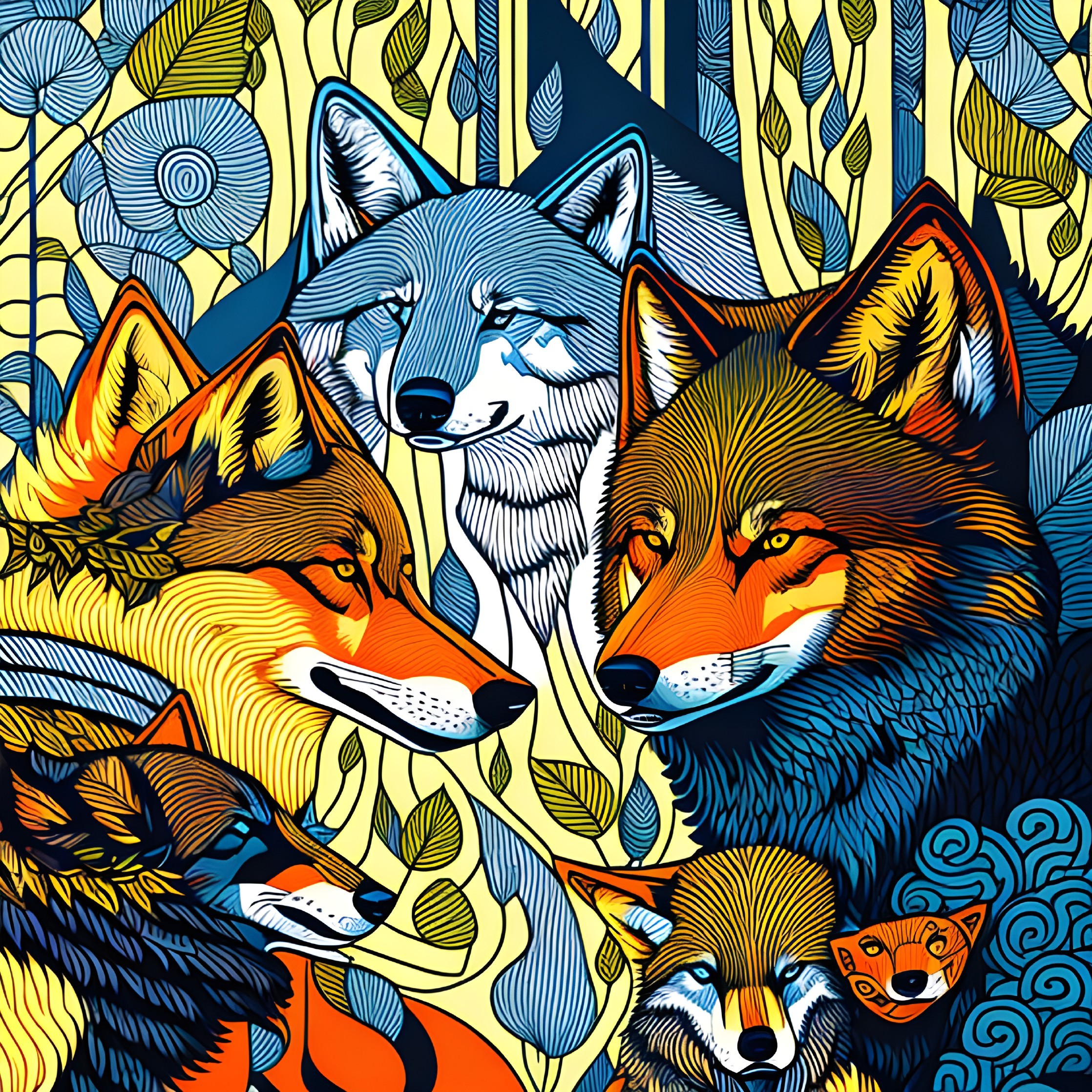 Colorful illustration of four foxes surrounded by intricate nature patterns