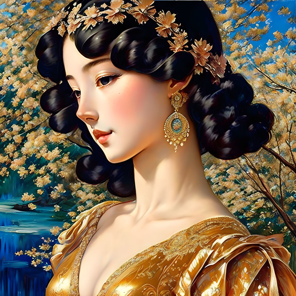 Illustrated portrait of woman with dark hair, golden dress, earrings, surrounded by blue blossoms