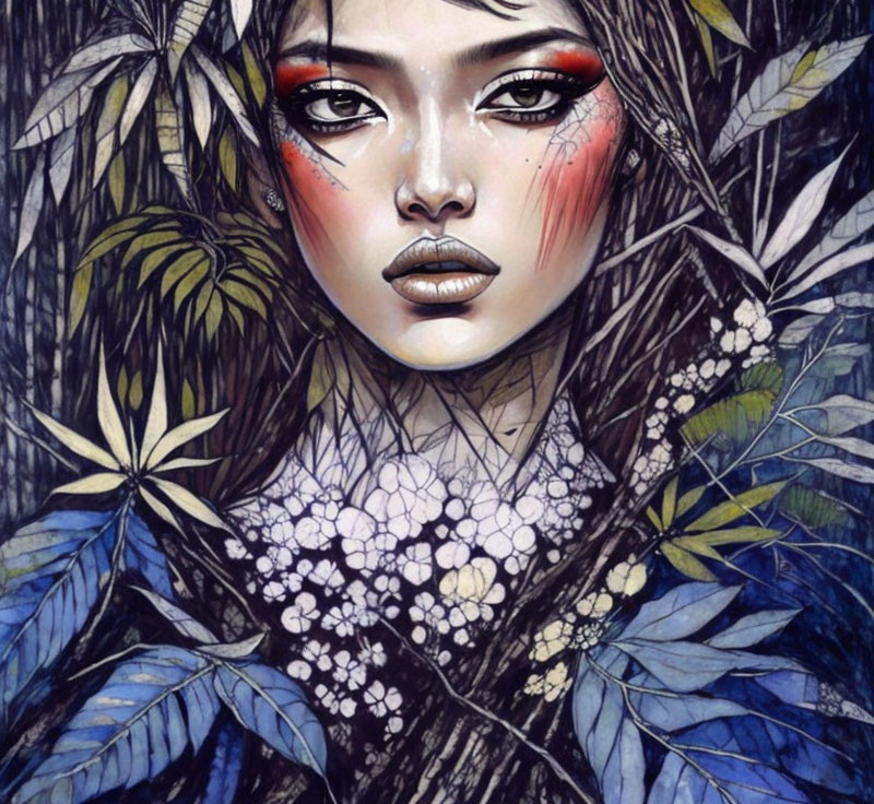 Illustrated portrait of woman with red eye makeup in serene contemplation