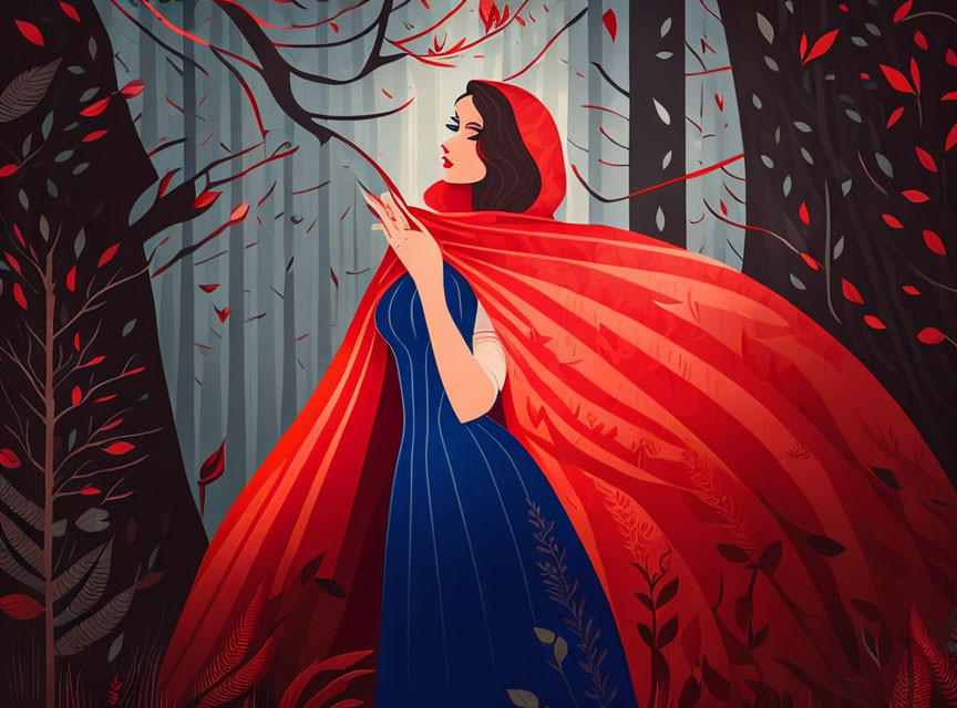 Illustrated woman in blue dress and red cape in stylized forest with swirling leaves