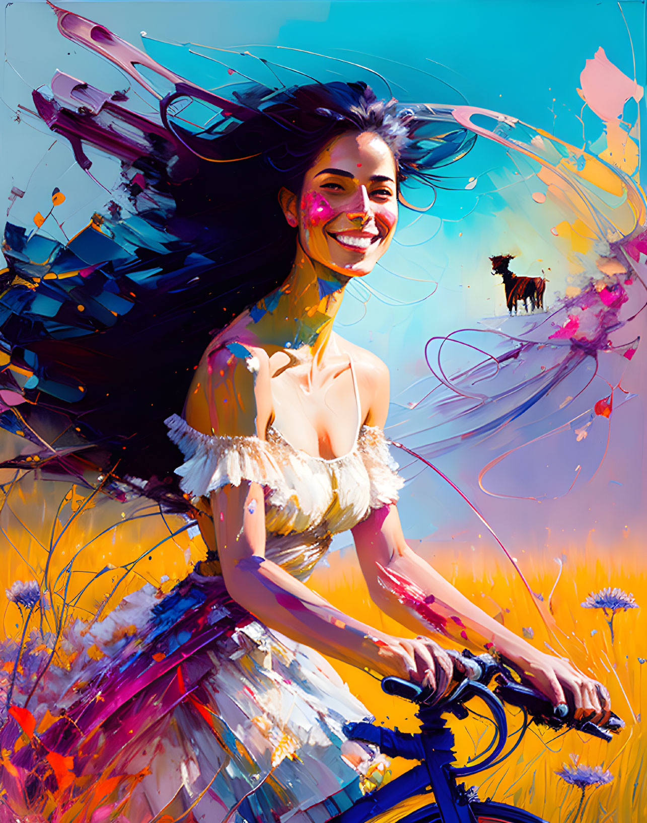 Colorful digital painting: Smiling woman on bike in abstract setting