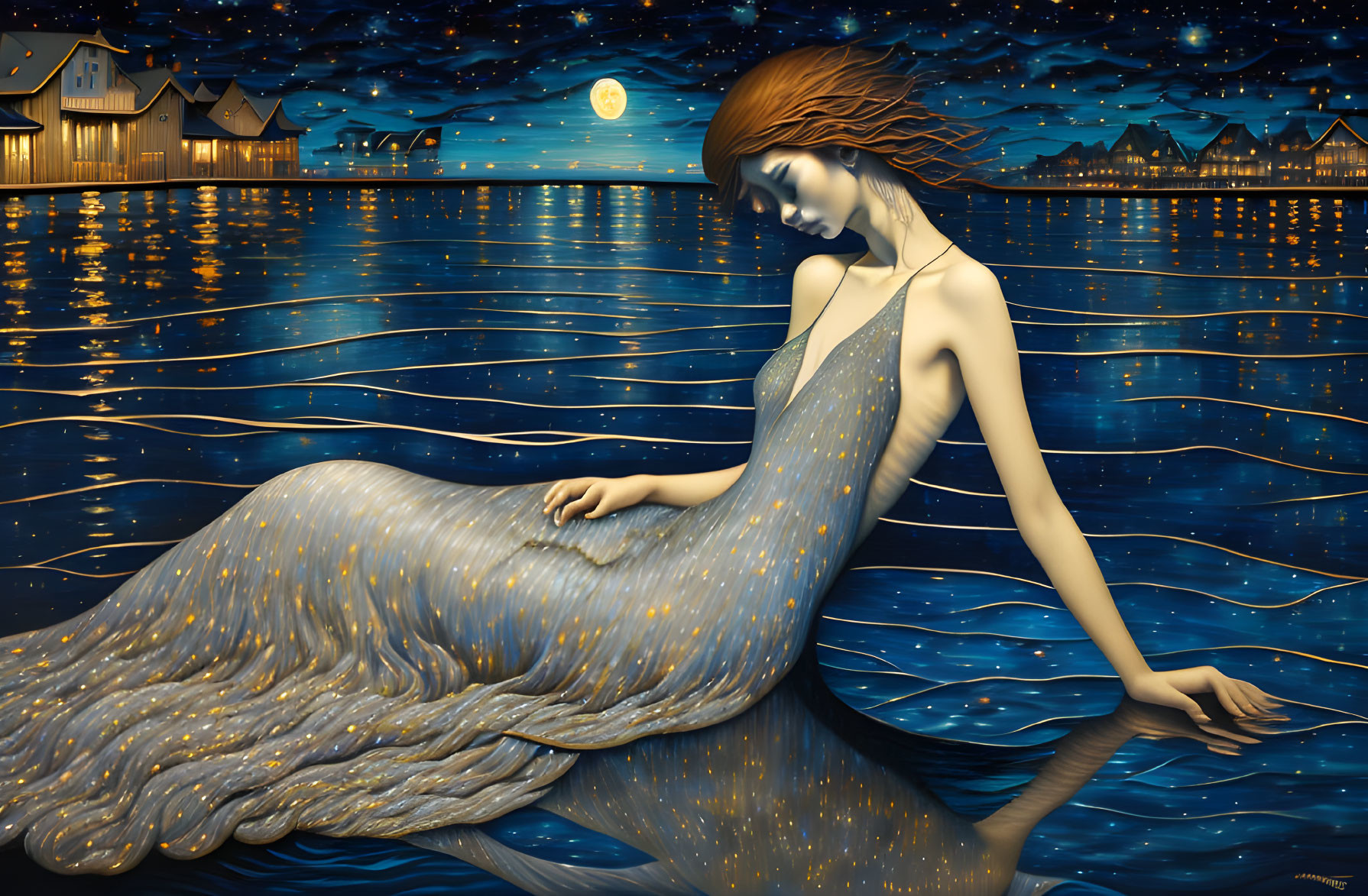 Surreal illustration of woman in flowing water-like attire under starry night sky