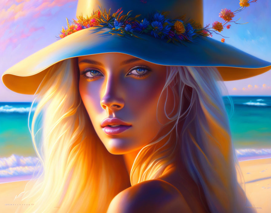 Blonde Woman Portrait with Straw Hat on Beach