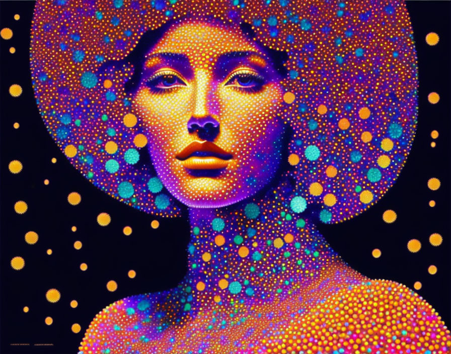 Vibrant pointillist digital artwork of a woman with halo in blue, yellow, and pink