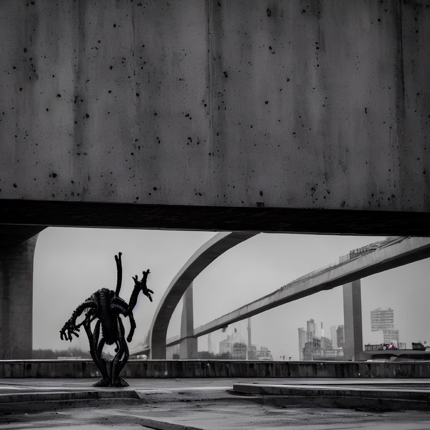 Monochrome metal horse sculpture under concrete bridge with curved roads