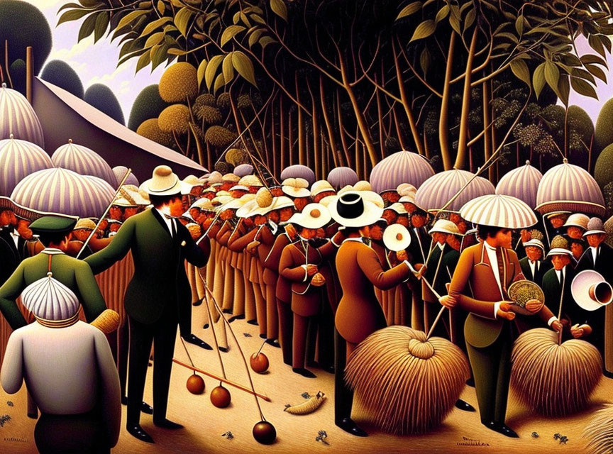 Round, Hat-Wearing Figures in Forest with Oversized Fruit Gathering