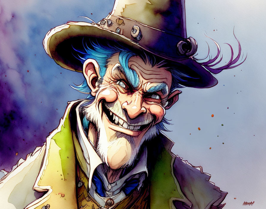 Illustration of a grinning man in wide-brimmed hat with weathered face and blue spl