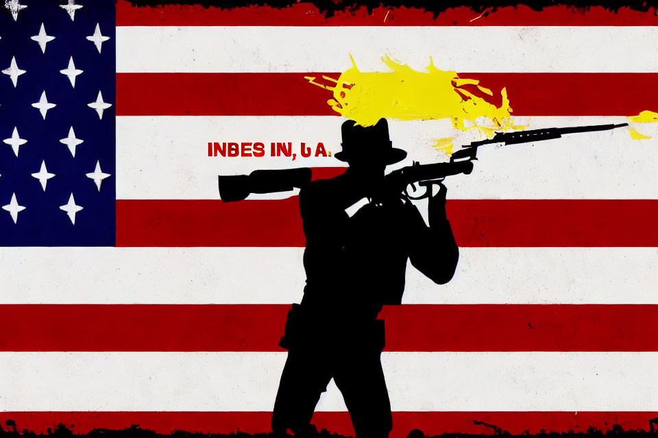 Silhouetted figure with flamingo gun on American flag background.