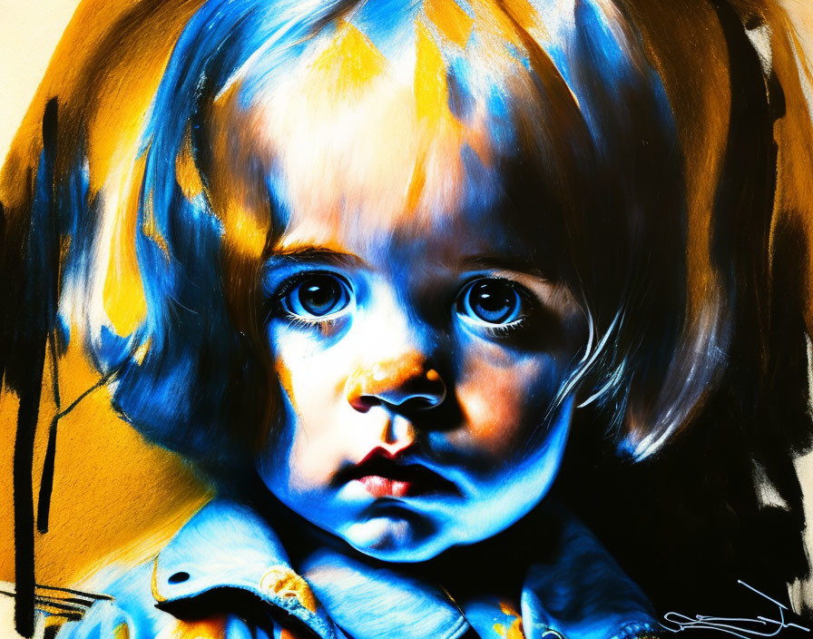 Colorful Painting of Young Child with Blue Eyes and Surreal Elements