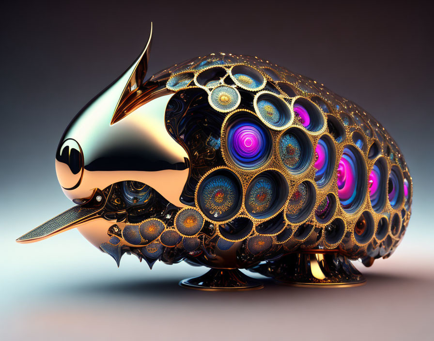 Shiny metallic creature with golden and purple patterns