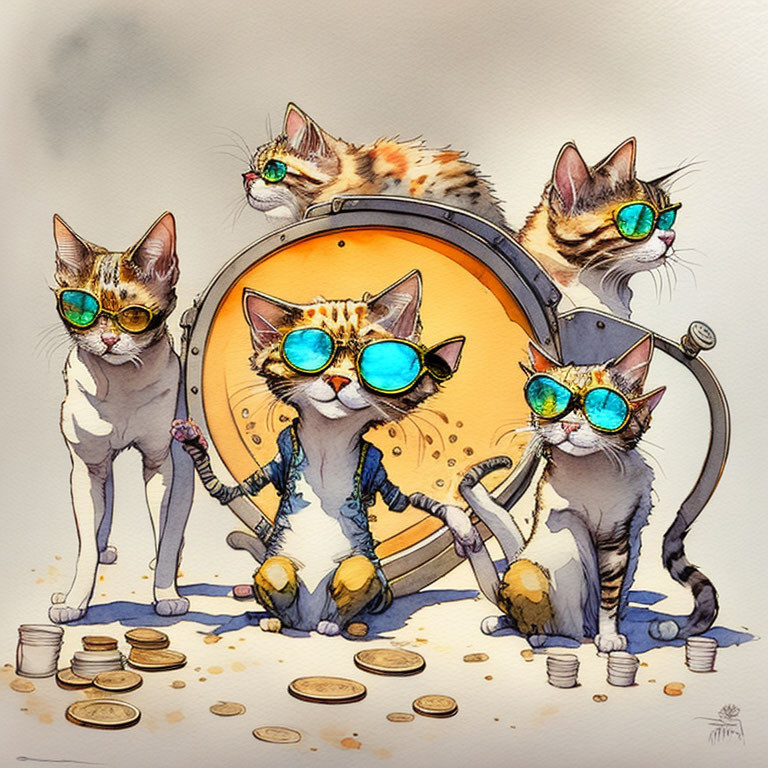 Four cats in goggles with open vault door and coins.