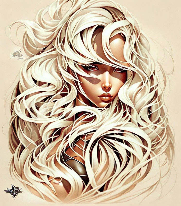 Blonde woman with wavy hair and red eye makeup in starry illustration