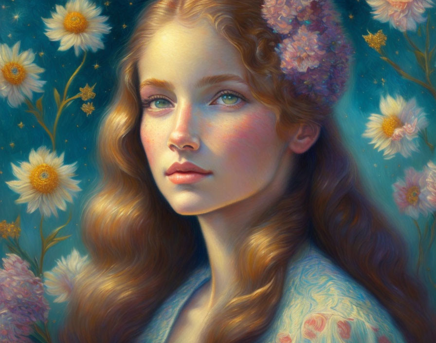 Young Woman Painting with Flowing Hair and Flowers in Soft Colors