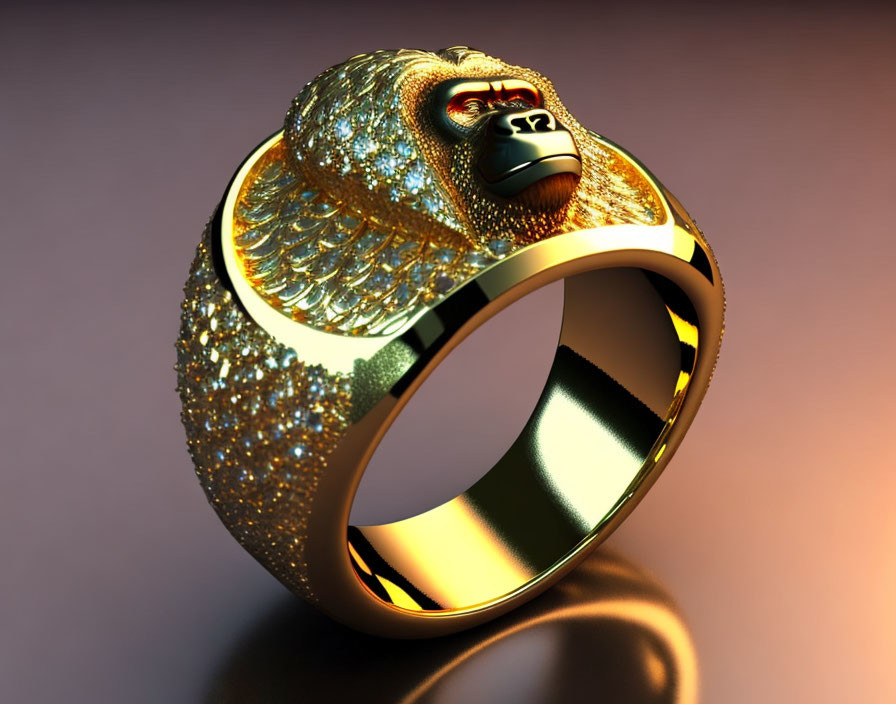 Intricately detailed lion's head gold ring with sparkling stones on gradient background