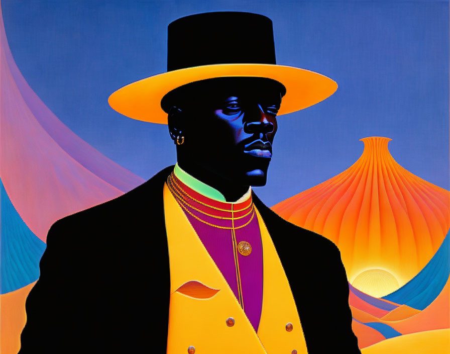 Colorful portrait of a man in top hat against vibrant blue background