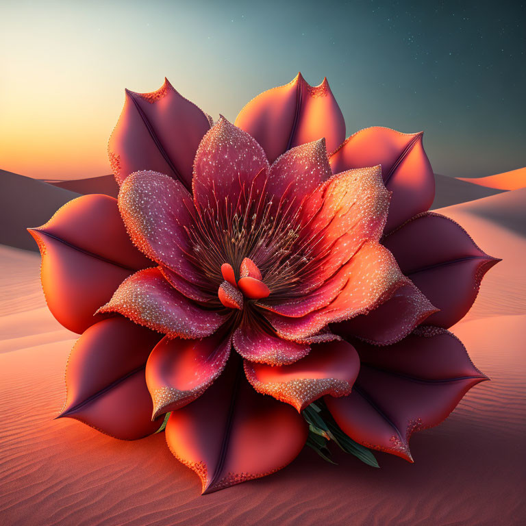 Fantastical flower digital illustration in surreal desert twilight.