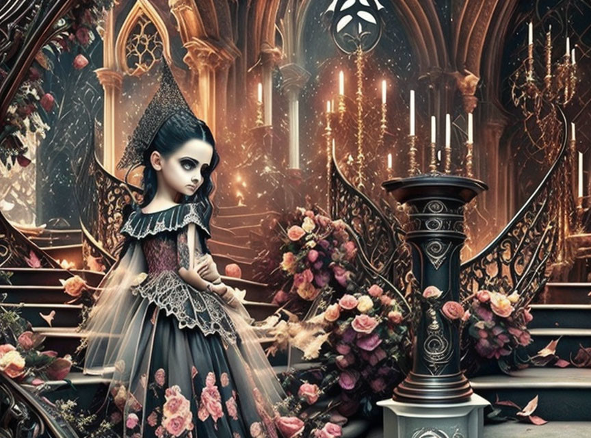 Gothic-style artwork featuring doll-like girl in elegant dress with candles and roses in cathedral setting