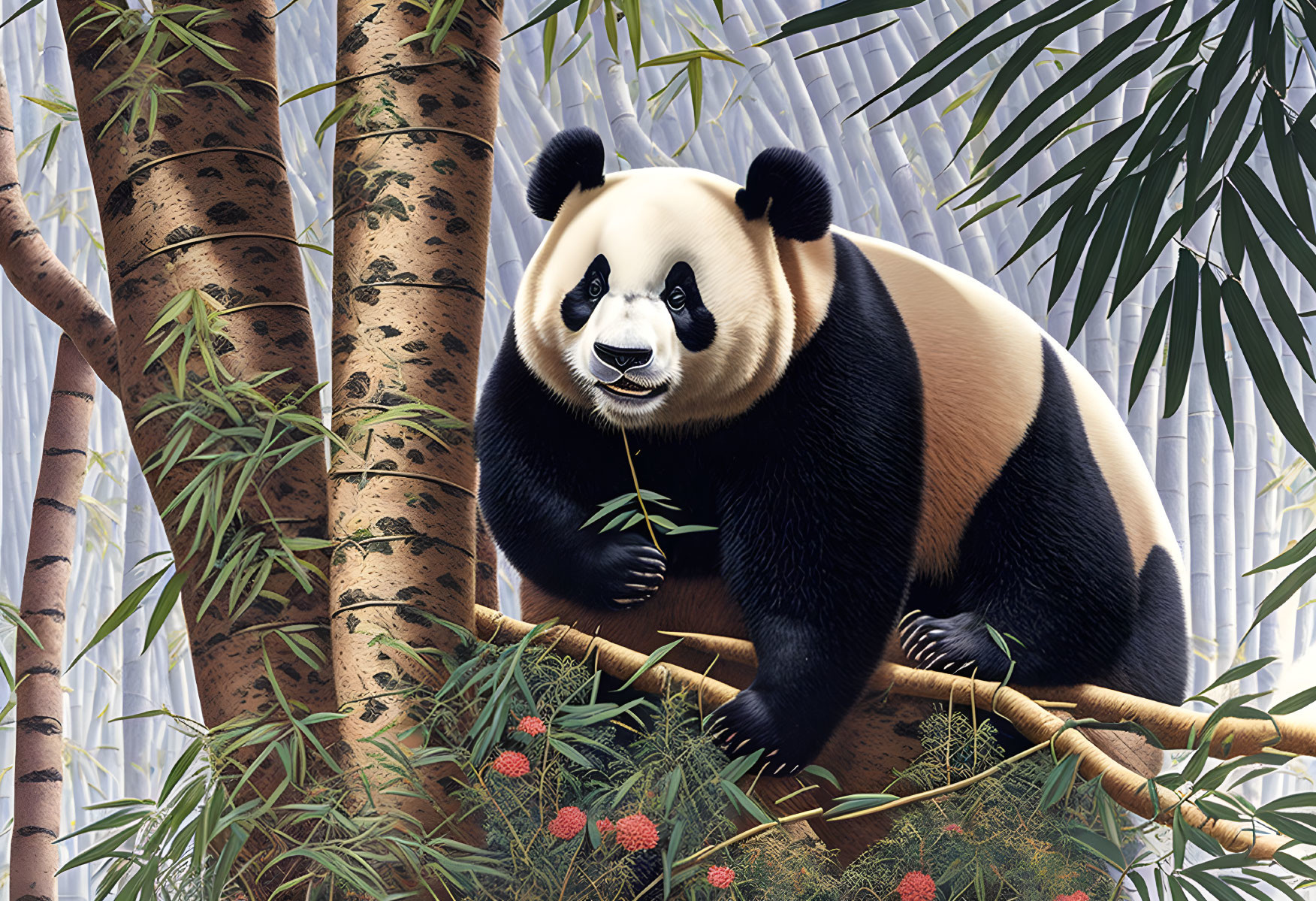 Giant panda eating bamboo on branch in lush green setting