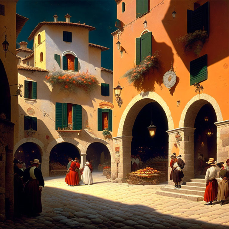 European Town Street Scene with Traditional Attire, Cobblestone Paths, Archways, and Flower-