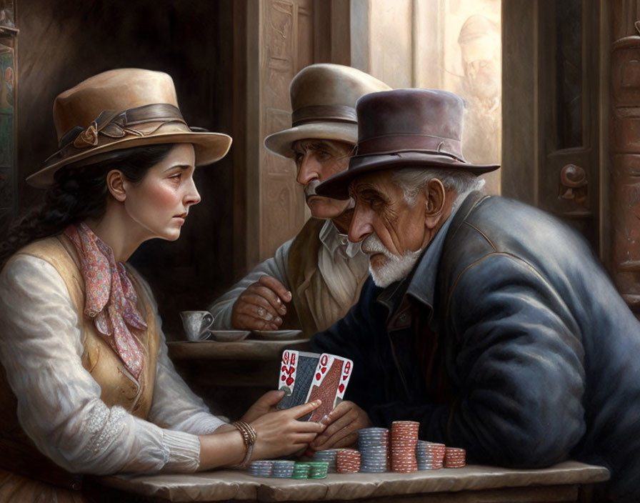 Woman and older man playing cards with stacks of poker chips, observed by another man