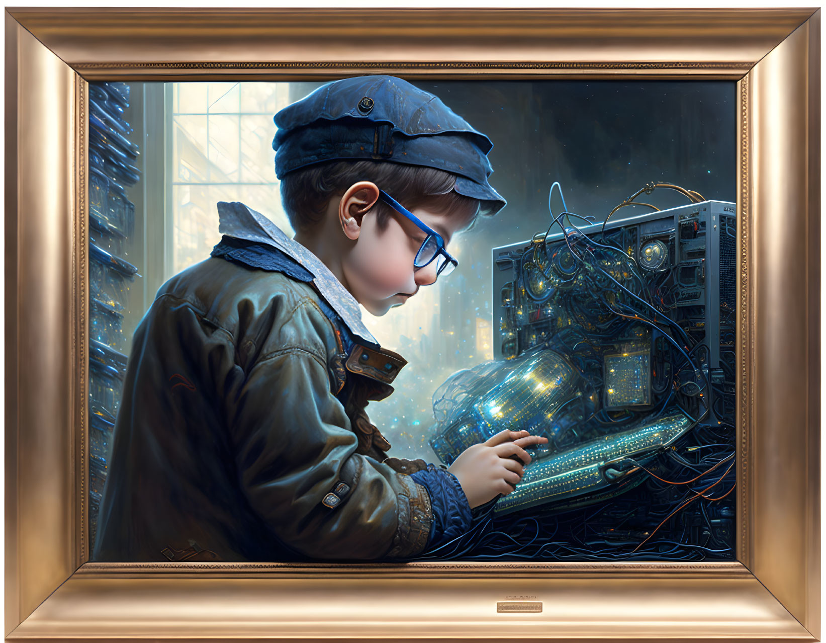 Young boy in cap and jacket typing on futuristic glowing machine in ornate frame