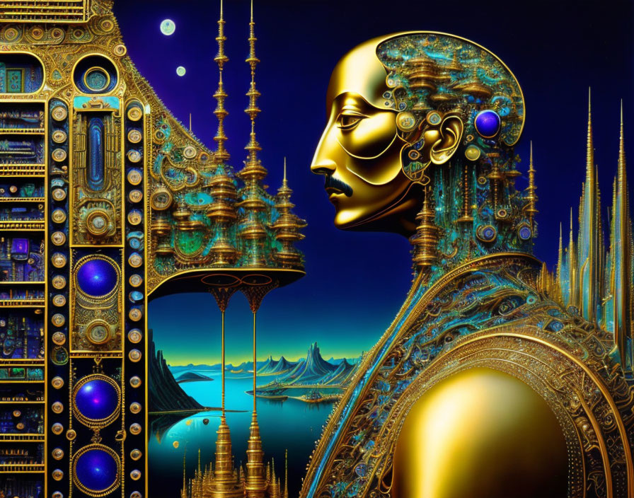 Golden female figure with mechanical elements in profile against futuristic backdrop