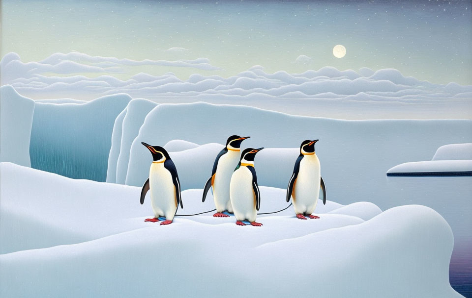 Four penguins on snowy landscape with icebergs and full moon