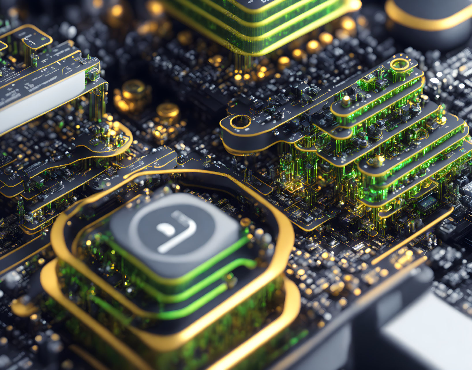 Detailed 3D rendering of circuit boards with green glowing lines and futuristic technology aesthetic