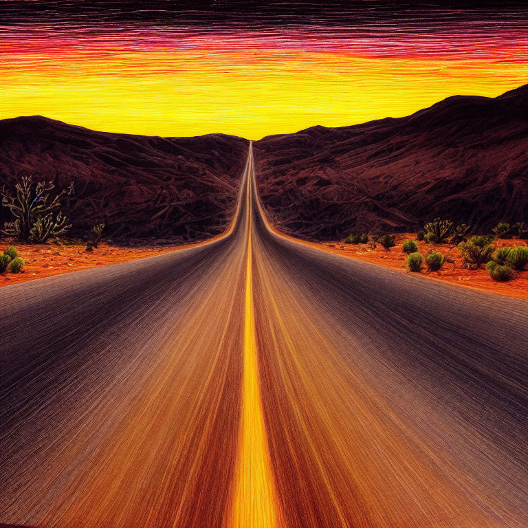 Colorful sunset over desert road with sparse vegetation