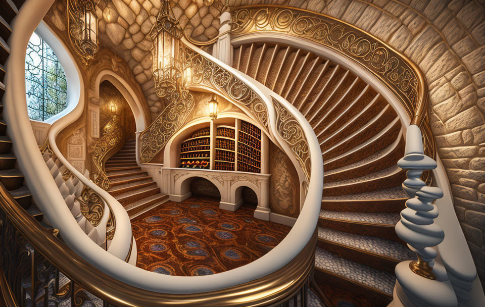 Luxurious room with elegant spiral staircase, stone walls, ornate railings, small library, and