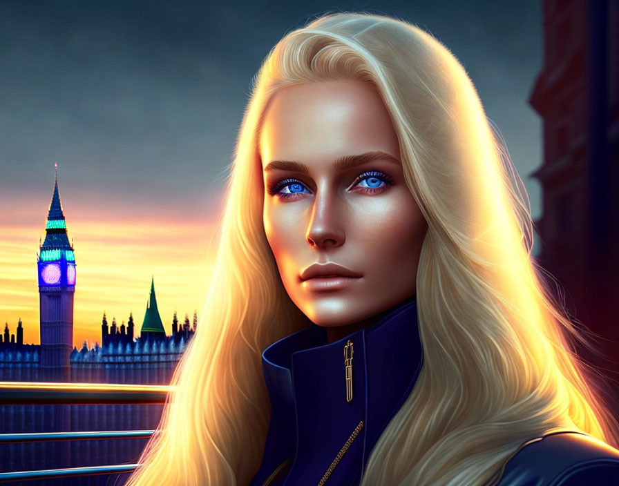 Blonde Woman with Blue Eyes at Sunset Big Ben