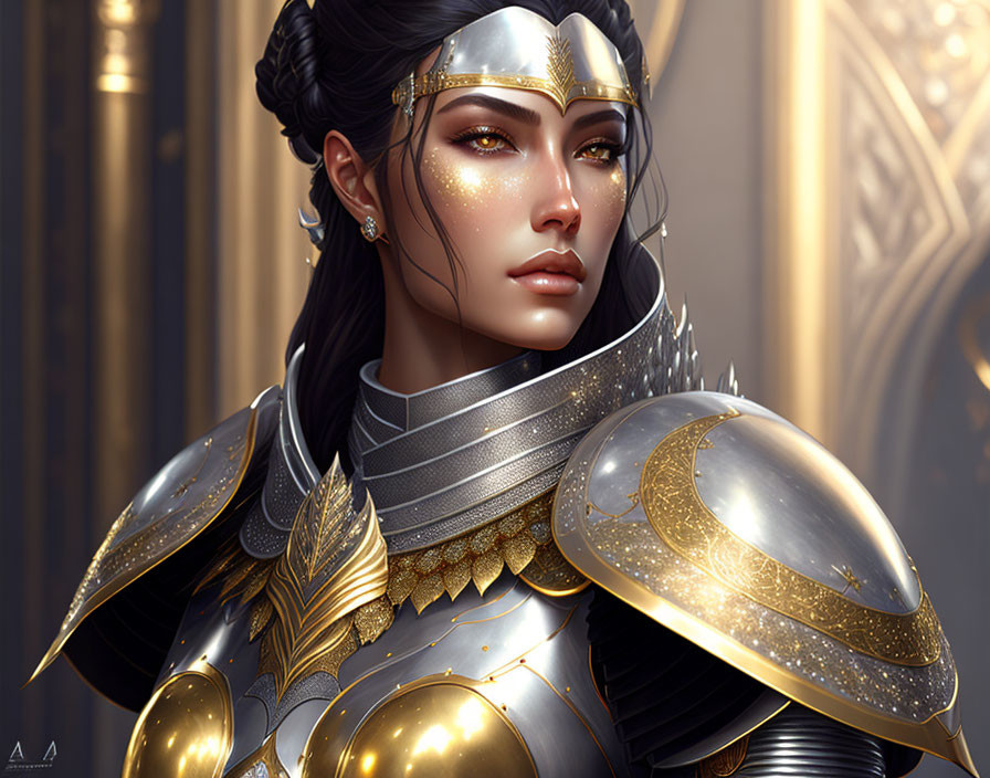 Digital artwork: Woman in ornate golden armor with dark hair