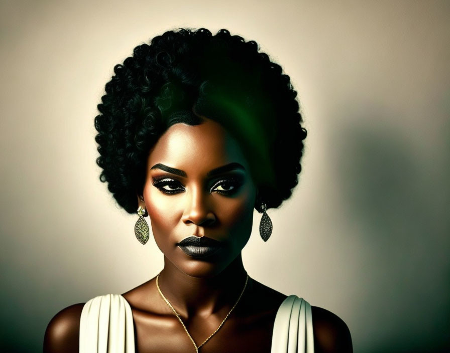 Portrait of woman with afro hairstyle and dark lipstick in white dress